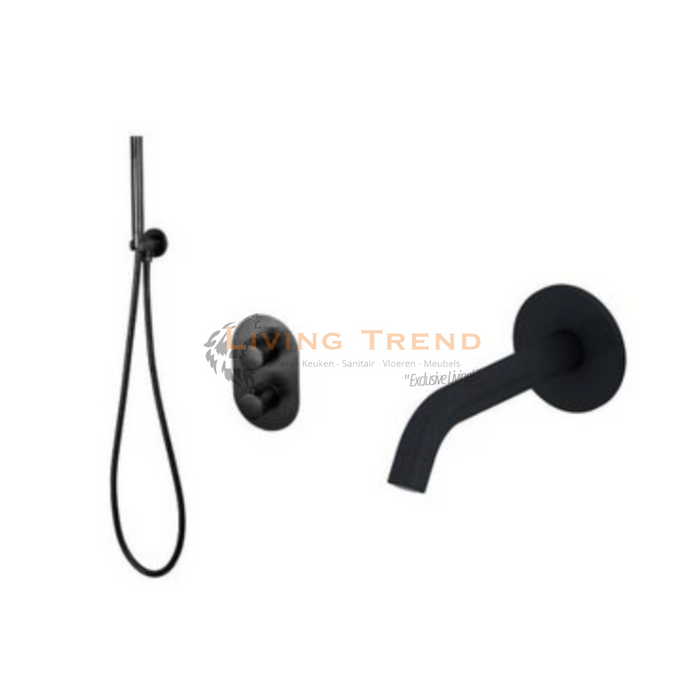 Living Trend - Inbouw Badset met Thermostaat, Muurbevestiging, Doucheslang en Staafhanddouche - Rond, Mat Zwart