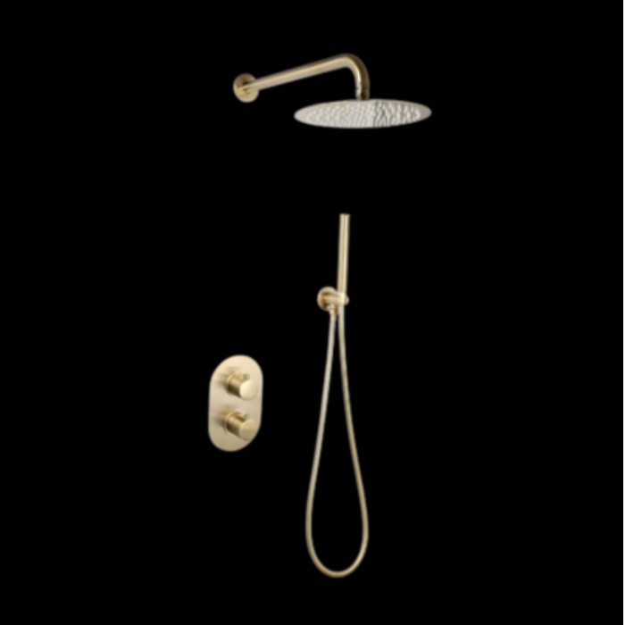 Living Trend - Inbouw Doucheset met Thermostaat, Muurbevestiging en Geribbelde Douchehoofd van 25 cm - Rond, Goud Geborsteld