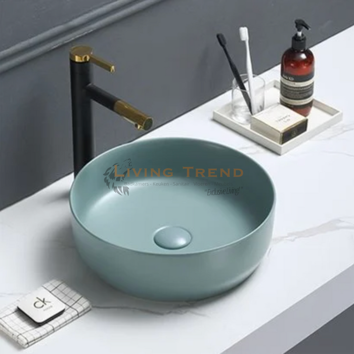 Living Trend - Stijlvolle Keramische Ronde Waskom uit de Victoria Color Line met Mat Groene Afwerking - Inclusief Clickwaste - 39x12 cm