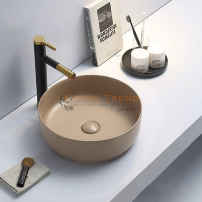 Living Trend - Stijlvolle Keramische Ronde Waskom uit de Victoria Color Line met Mat Zand Beige Afwerking - Inclusief Clickwaste - 39x12 cm