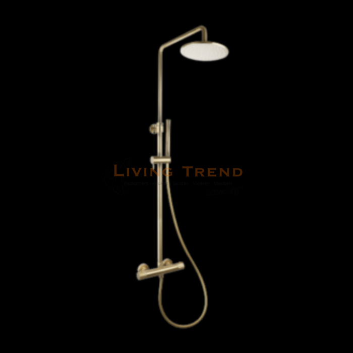 Living Trend - Opbouw Doucheset Thermostatisch (In Hoogte Verstelbaar) - Rond, Goud Geborsteld met Geribbelde Knop en 25 cm Douchehoofd