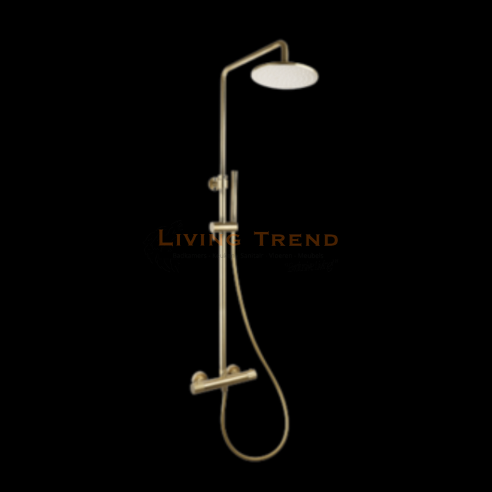 Living Trend - Opbouw Doucheset Thermostatisch (In Hoogte Verstelbaar) - Rond, Goud Geborsteld met Geribbelde Knop en 30 cm Douchehoofd