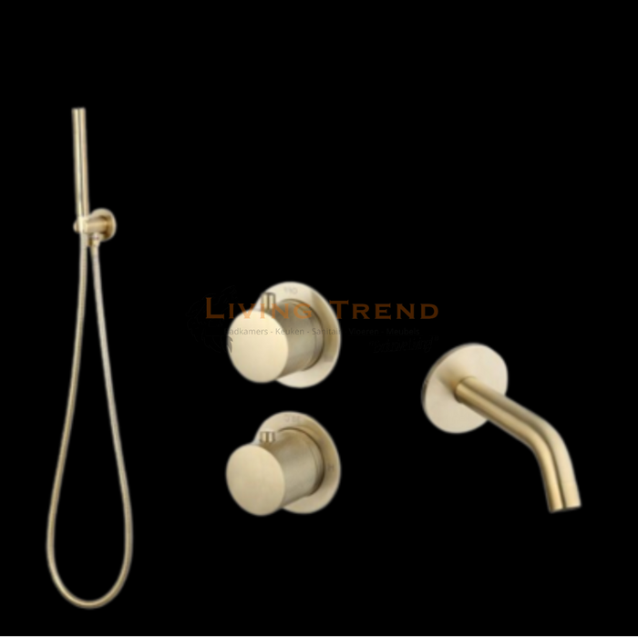 Living Trend - Inbouw Badset met Thermostaat, Muurbevestiging, Doucheslang, Staafhanddouche en Geribbelde Afwerkringen - Rond, Goud Geborsteld