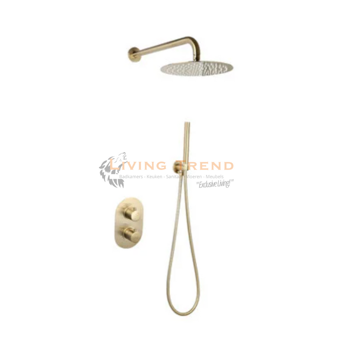 Living Trend - Inbouw Doucheset met Thermostaat, Muurbevestiging en Douchehoofd van 25 cm - Rond, Goud Geborsteld