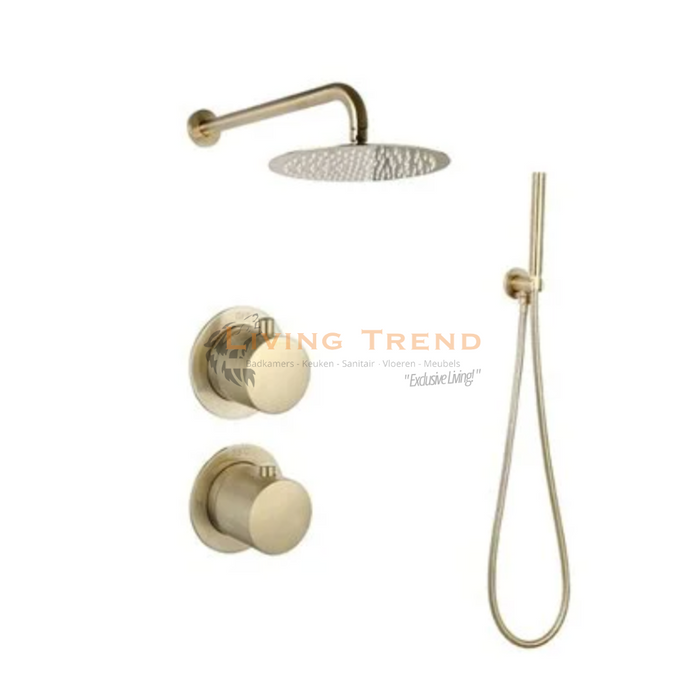 Living Trend - Inbouw Doucheset met Thermostaat, Muurbevestiging, Afwerkringen en Geribbeld Douchehoofd van 25 cm - Rond, Goud Geborsteld