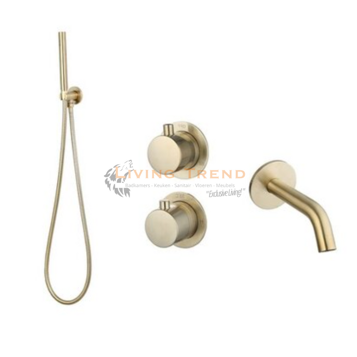 Living Trend - Inbouw Badset met Thermostaat, Muurbevestiging, Doucheslang, Staafhanddouche en Afwerkringen - Rond, Goud Geborsteld