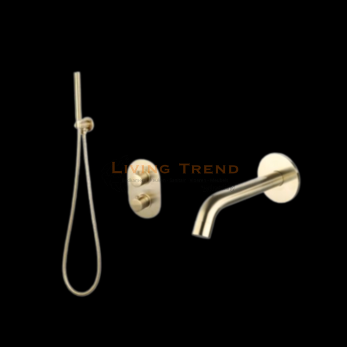 Living Trend - Inbouw Badset met Thermostaat, Muurbevestiging, Doucheslang en Geribbelde Staafhanddouche - Rond, Goud Geborsteld