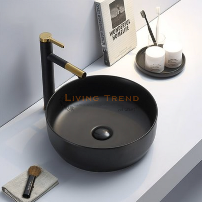 Living Trend - Stijlvolle Keramische Ronde Waskom uit de Victoria Color Line met Mat Zwarte Afwerking - Inclusief Clickwaste - 39x12 cm