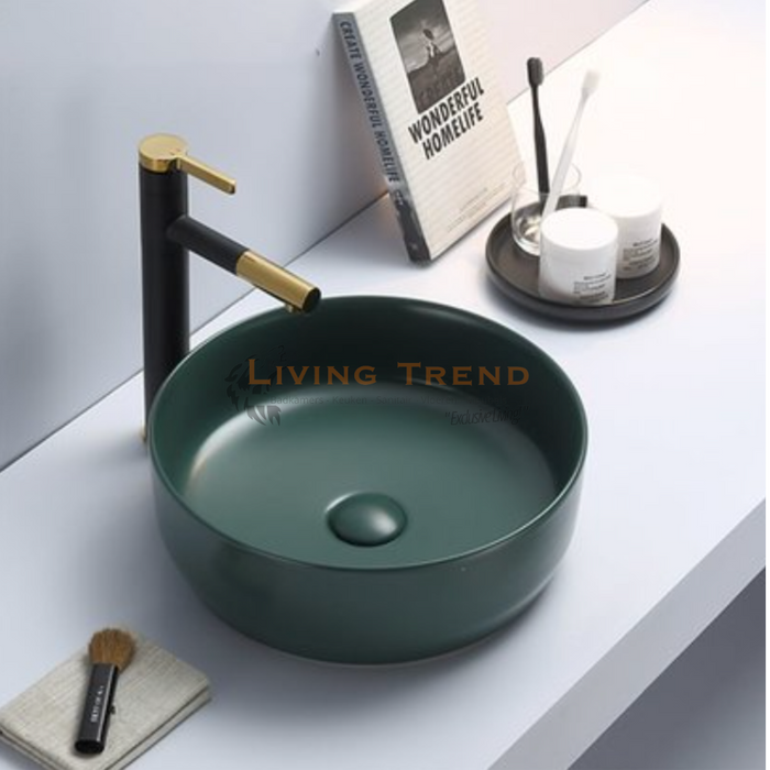 Living Trend - Stijlvolle Keramische Ronde Waskom uit de Victoria Color Line met Mat Groene Afwerking - Inclusief Clickwaste - 39x12 cm