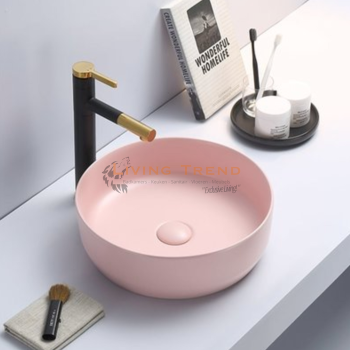 Living Trend - Stijlvolle Keramische Ronde Waskom uit de Victoria Color Line met Mat Pastel Roze Afwerking - Inclusief Clickwaste - 39x12 cm