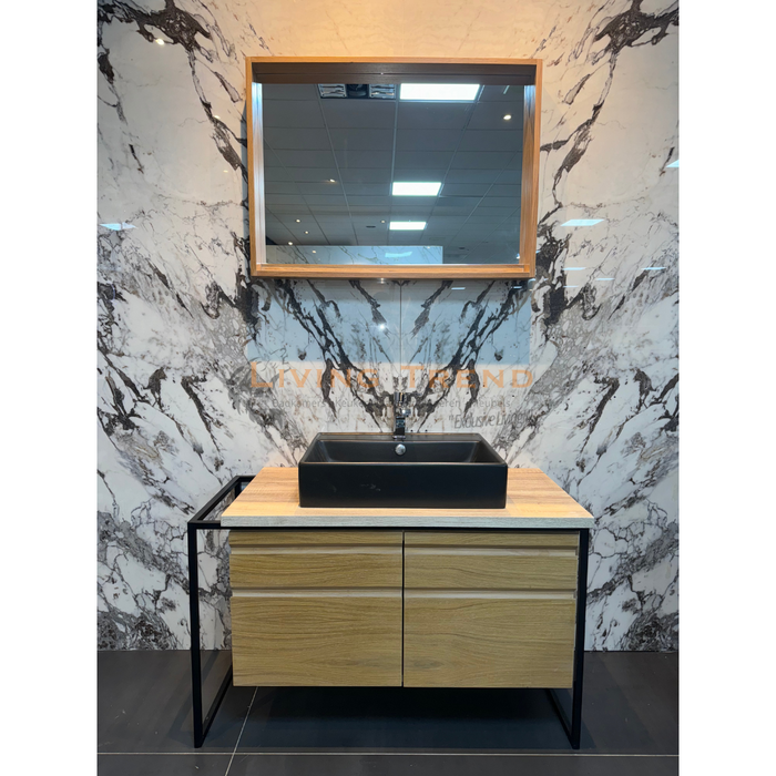 Living Trend Luxury Oak Vanity Set met Zwarte Opzetwastafel en Verlichte Spiegel